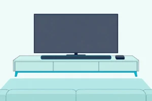 Television on a low console with a slim soundbar in front and a small square streaming box beside it