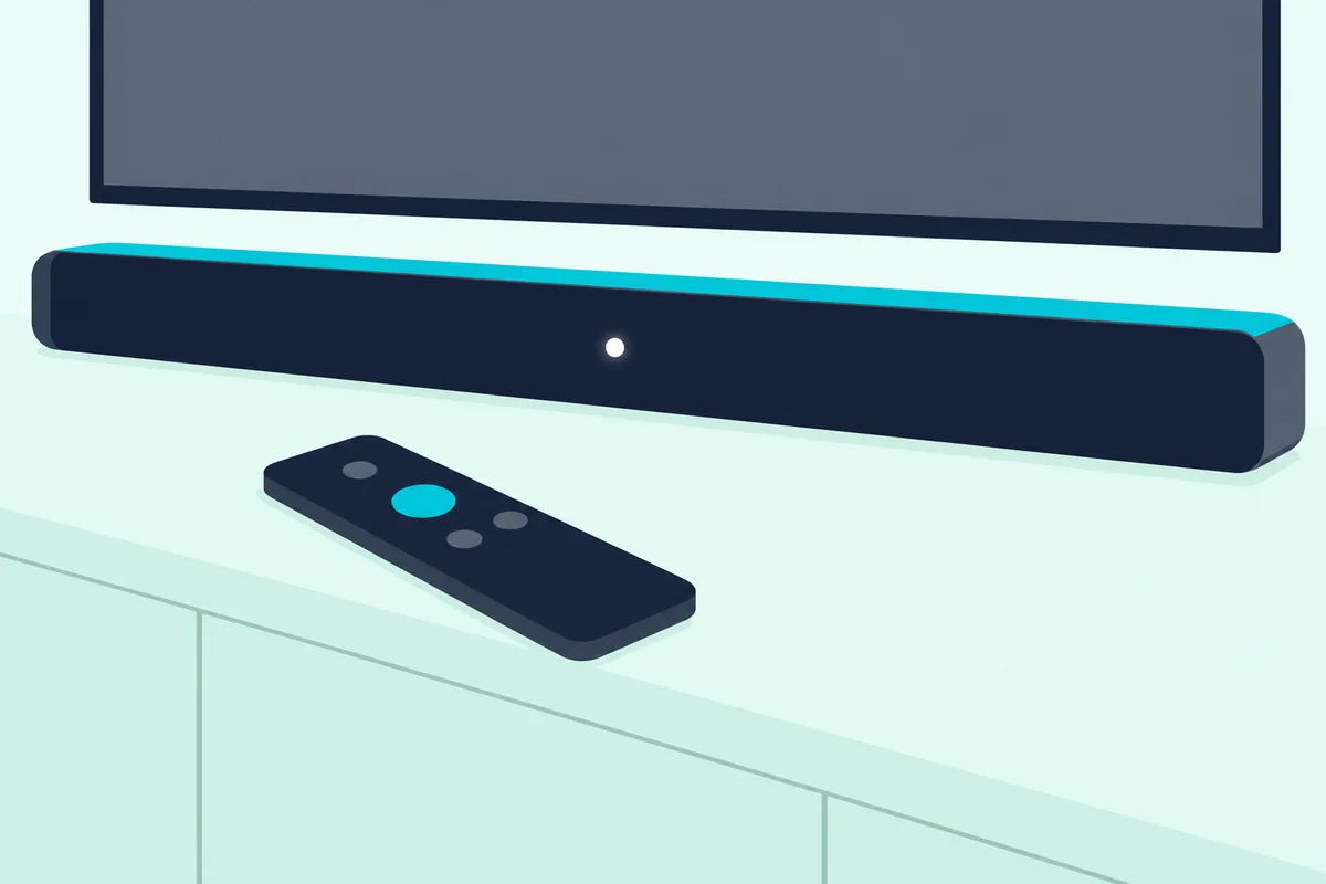 Slim TV remote resting on a console beside a long soundbar with one small white light glowing