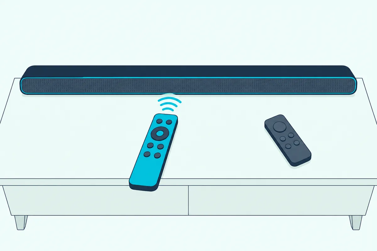 TV remote on a cabinet sending curved signal lines to a soundbar while the soundbar's own remote lies unused beside it