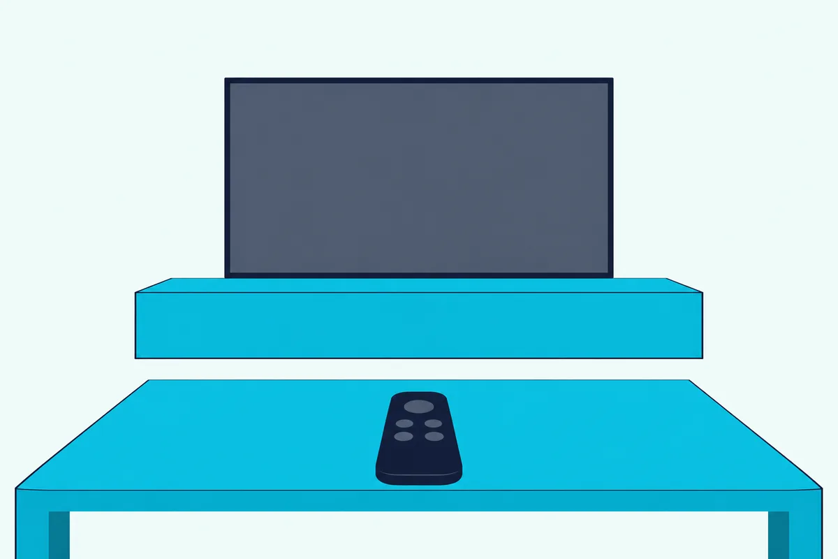 TV remote on a coffee table pointed at a TV with a blank screen across a living room