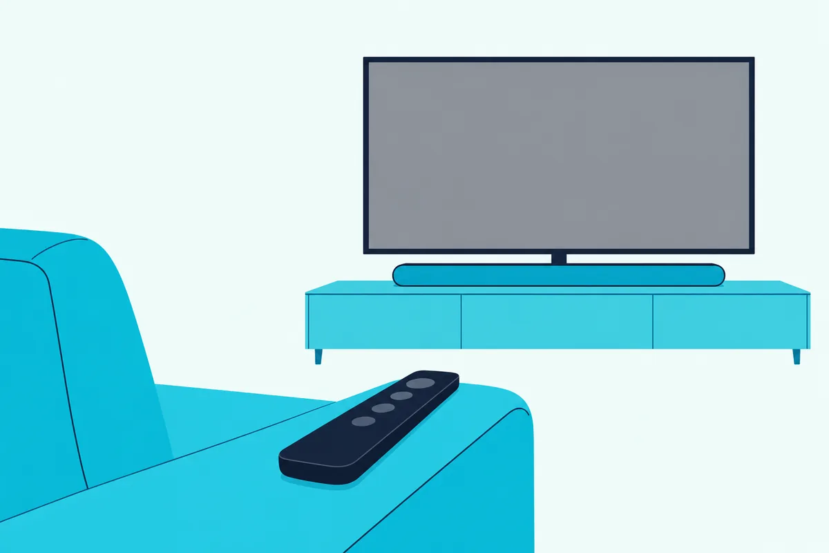 TV remote on a sofa arm aimed at a soundbar on a low TV console