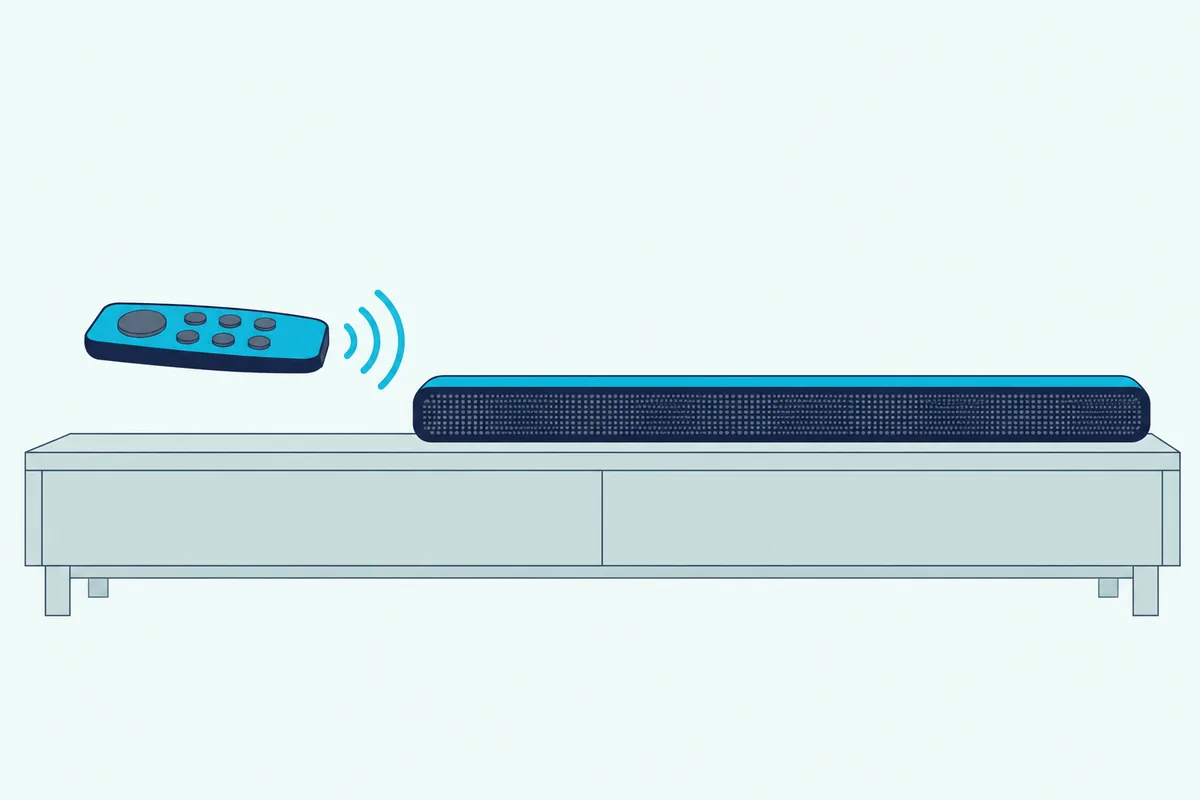 TV remote with plain blank buttons pointed at the front of a slim soundbar, with three small arcs drawn between them