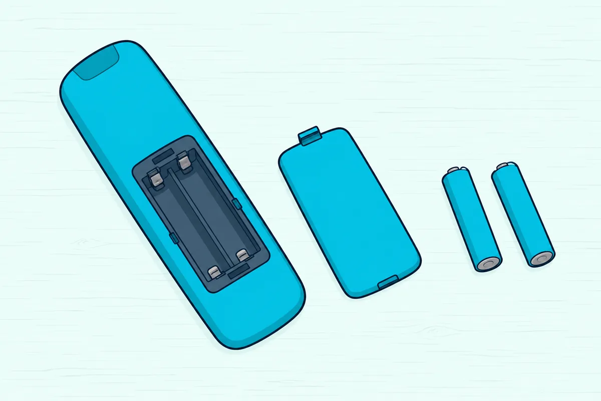 TV remote with its battery cover off beside two fresh batteries on a plain coffee table