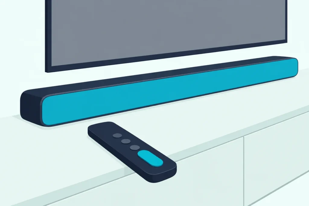 TV remote with its volume rocker in front of a slim soundbar on a TV console below a blank TV