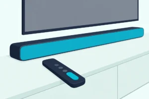 TV remote with its volume rocker in front of a slim soundbar on a TV console below a blank TV