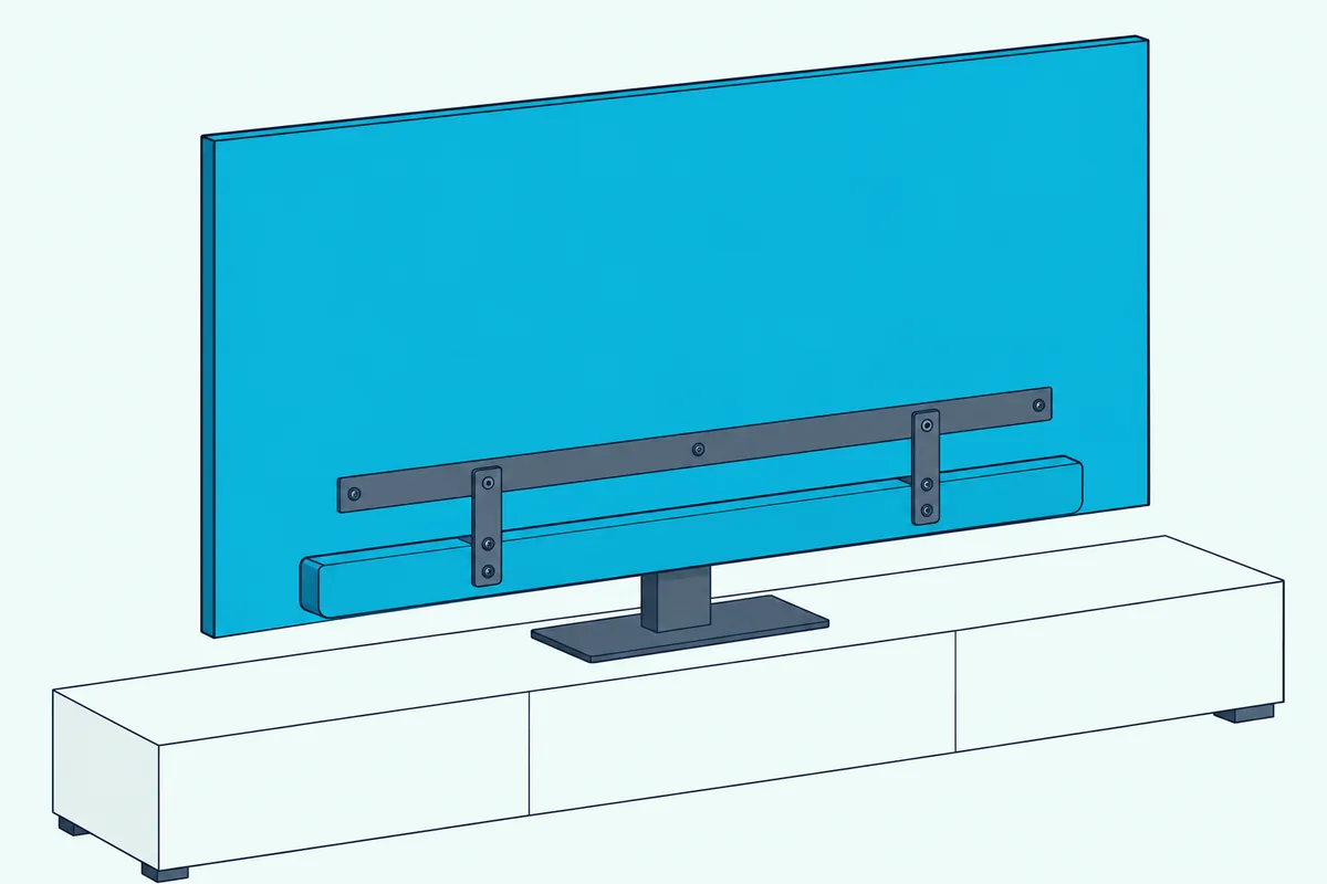 TV seen from behind on its stand, with a long flat bracket in its back holding a slim soundbar below the screen