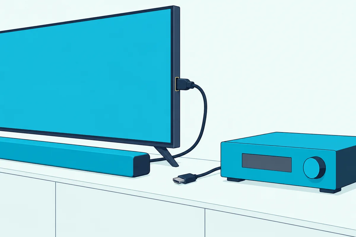 TV with a soundbar's HDMI cable in its one return port while a receiver's HDMI cable lies unplugged beside it