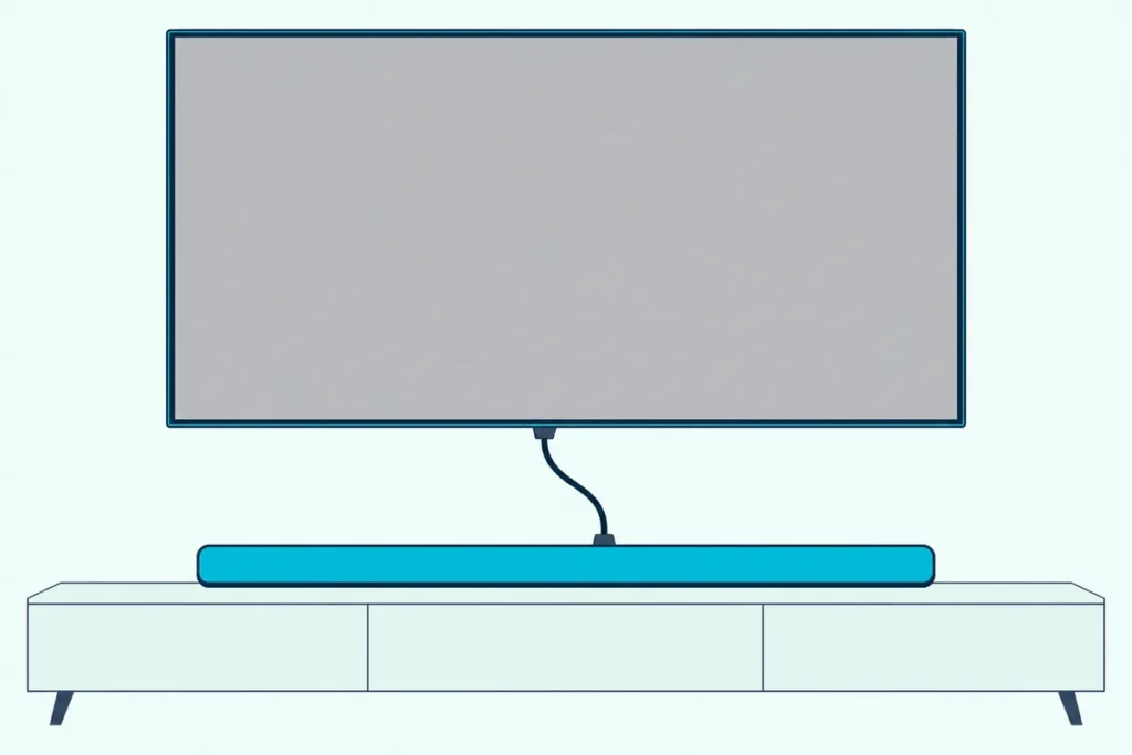 TV with a blank screen on a wall and a soundbar on a console below, joined by one HDMI cable