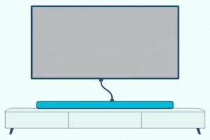 TV with a blank screen on a wall and a soundbar on a console below, joined by one HDMI cable