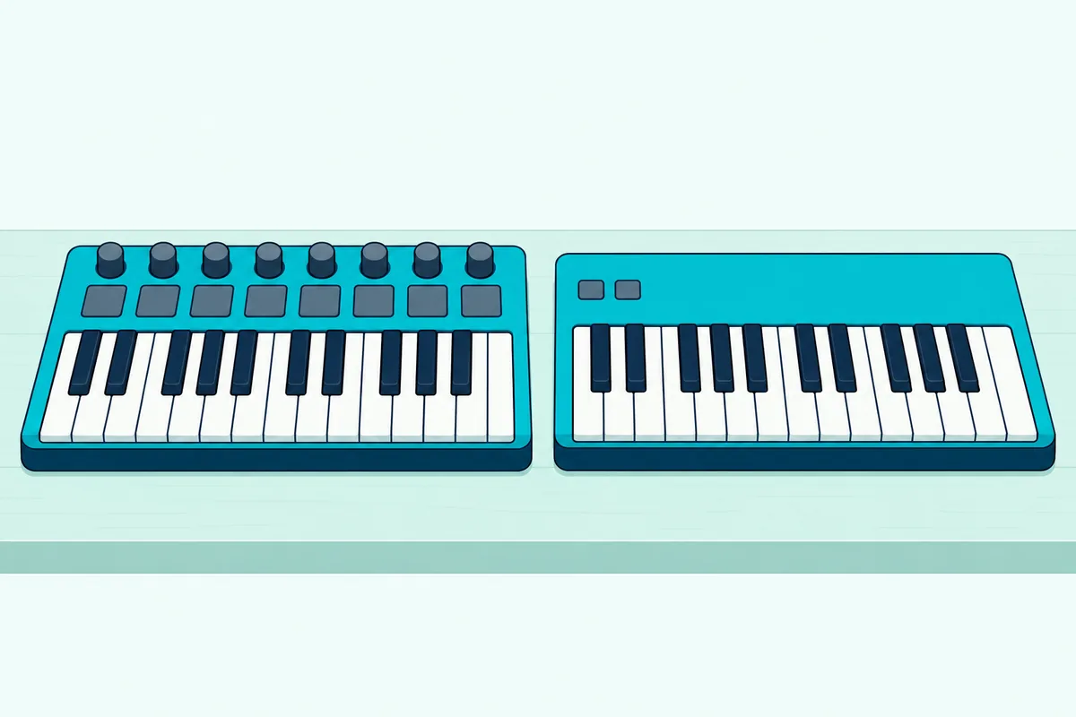 Two 25-key MIDI controllers side by side on a desk, one with drum pads and knobs above its keys and one with keys only