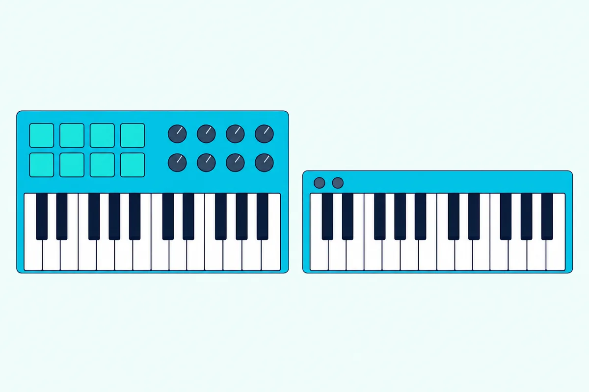Two 25-key MIDI controllers side by side on a desk, one with drum pads and knobs above its keys and one with keys only