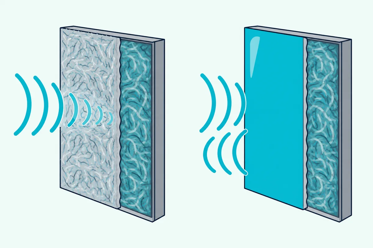 Two acoustic panels cut open side by side, one with an open fibrous face and one with a sealed painted face