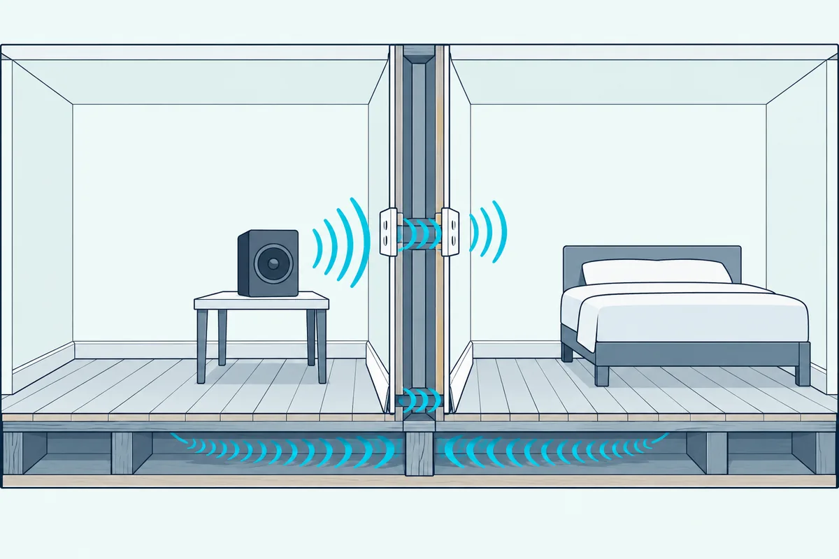 Two apartments sharing a stud wall, with sound passing through back-to-back outlets, a baseboard gap and the floor