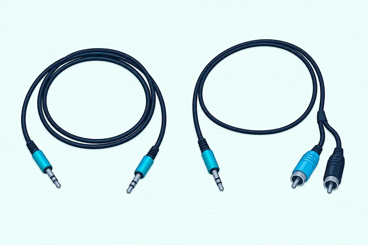 Two audio cables side by side, one with a slim round plug at each end and one splitting into two round plugs