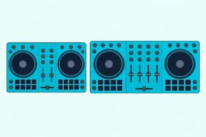 A two-channel DJ controller beside a wider four-channel DJ controller on a desk, seen from above