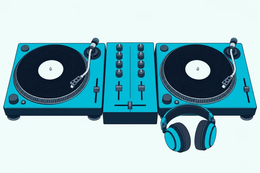 A standalone two-channel DJ mixer between two turntables, with headphones resting beside it