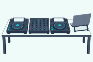 Two club DJ media players and a four-channel mixer on a booth table beside an open laptop