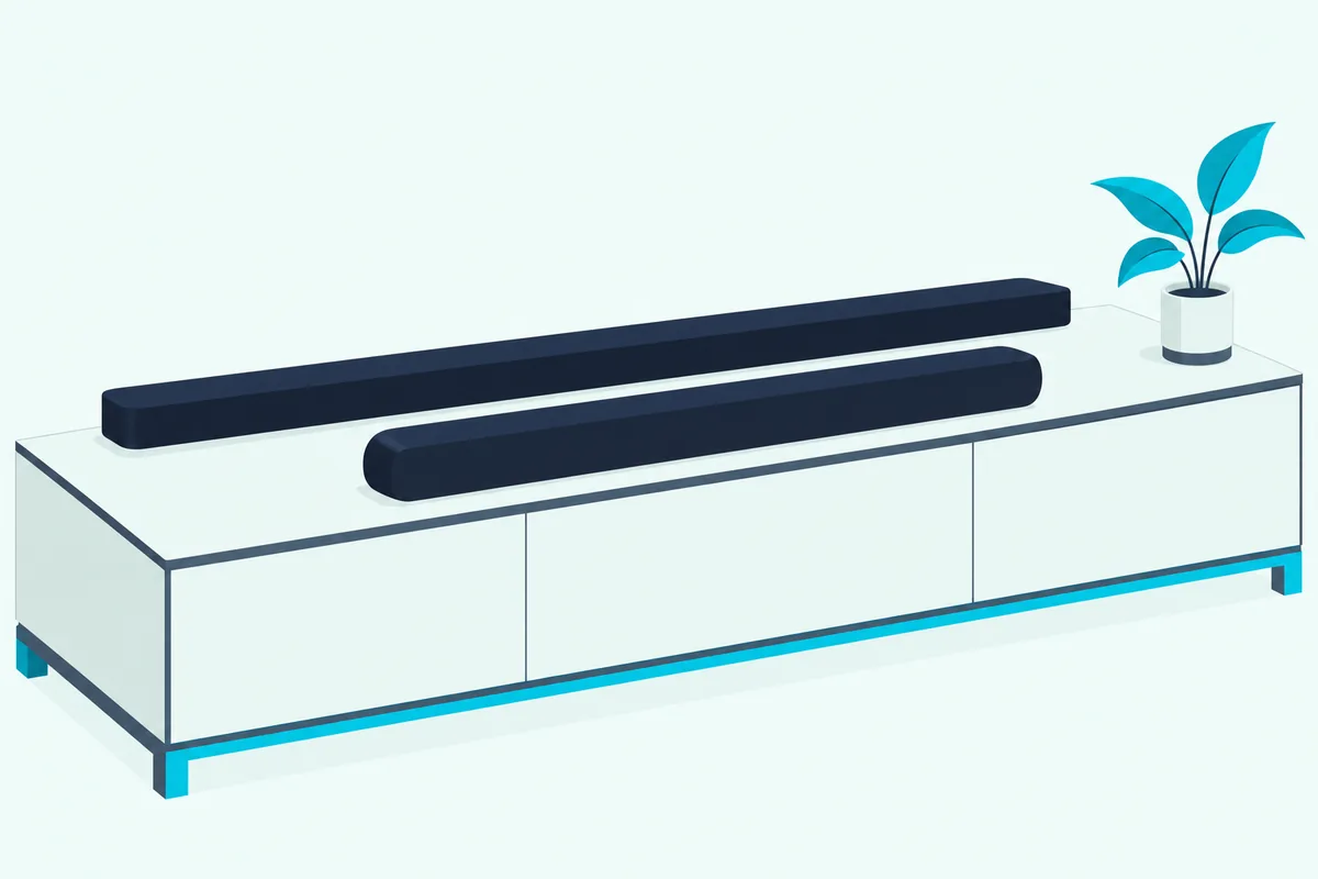 Two compact black soundbars of slightly different shapes side by side on a low wooden media cabinet in a bright living room