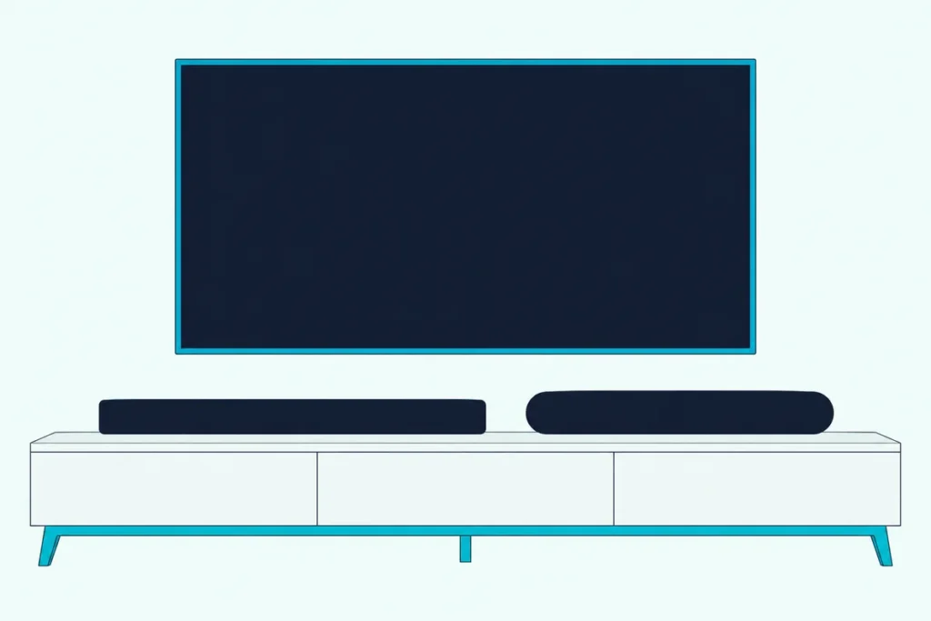 Two compact soundbars of different shapes side by side on a light wooden console under a wall-mounted TV with a blank screen