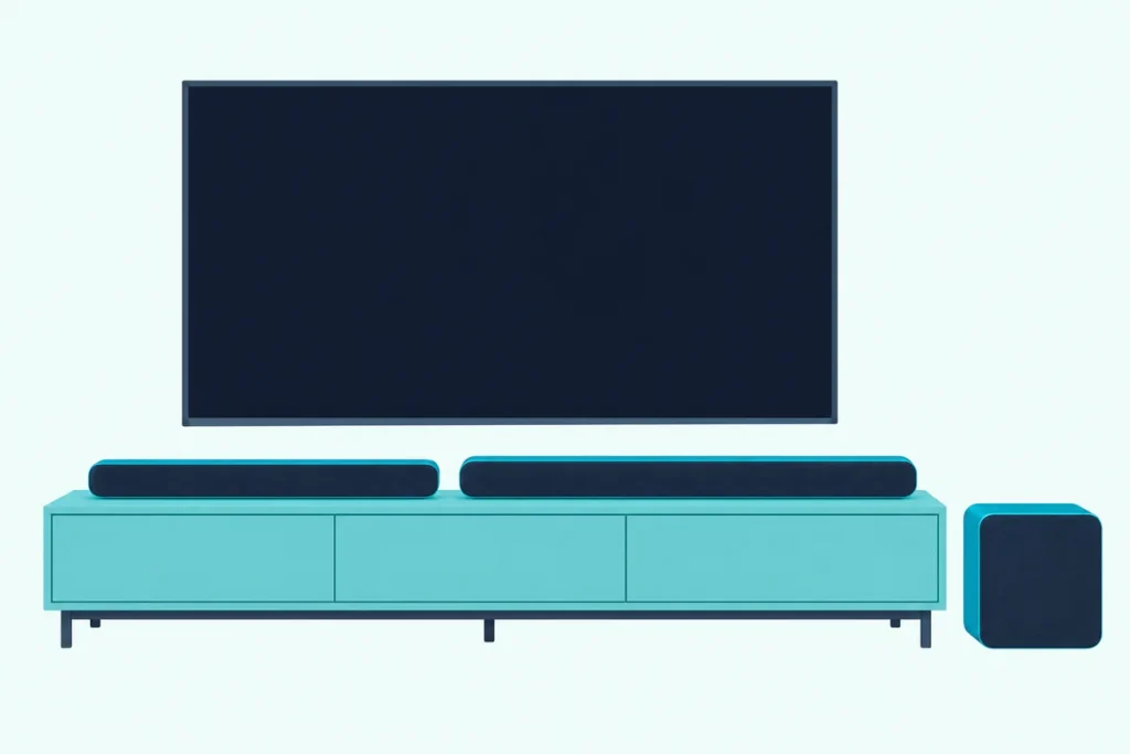 Two dark soundbars of different lengths on a low console under a blank TV, with a cube subwoofer on the floor