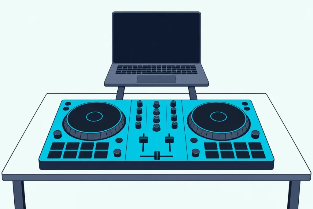 A two-deck DJ controller with jog wheels, faders and pads, beside a laptop with a blank screen on a stand
