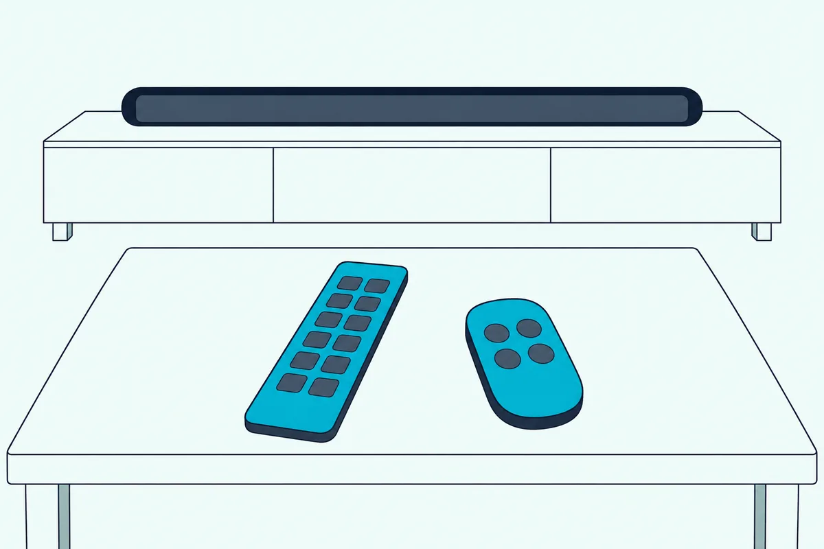 Two TV remotes of different shapes side by side on a wooden coffee table, a slim soundbar on a cabinet in the background
