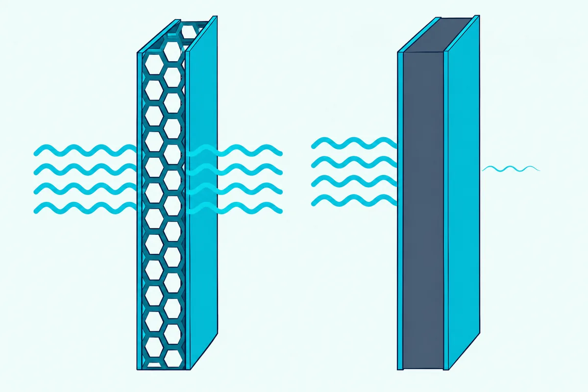 A hollow-core door and a solid-core door cut open side by side, with sound lines passing through the hollow one