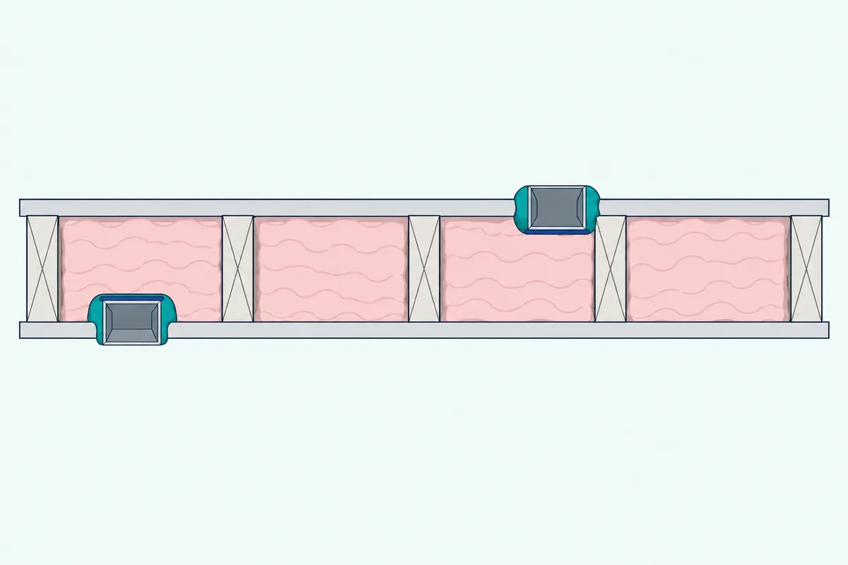 Two electrical boxes on opposite sides of a stud wall offset into different stud bays and wrapped in putty pads
