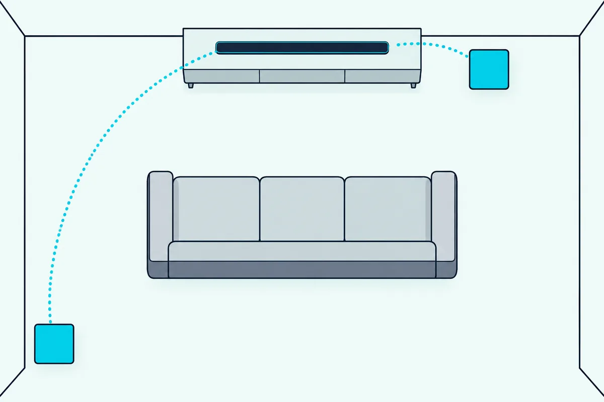 Two identical cube subwoofers on a living room floor, one beside a TV console and one in the far corner