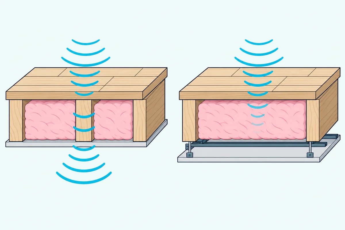 Two joist floor cross-sections, one ceiling fastened to the joists and one hung on channel, both filled with insulation