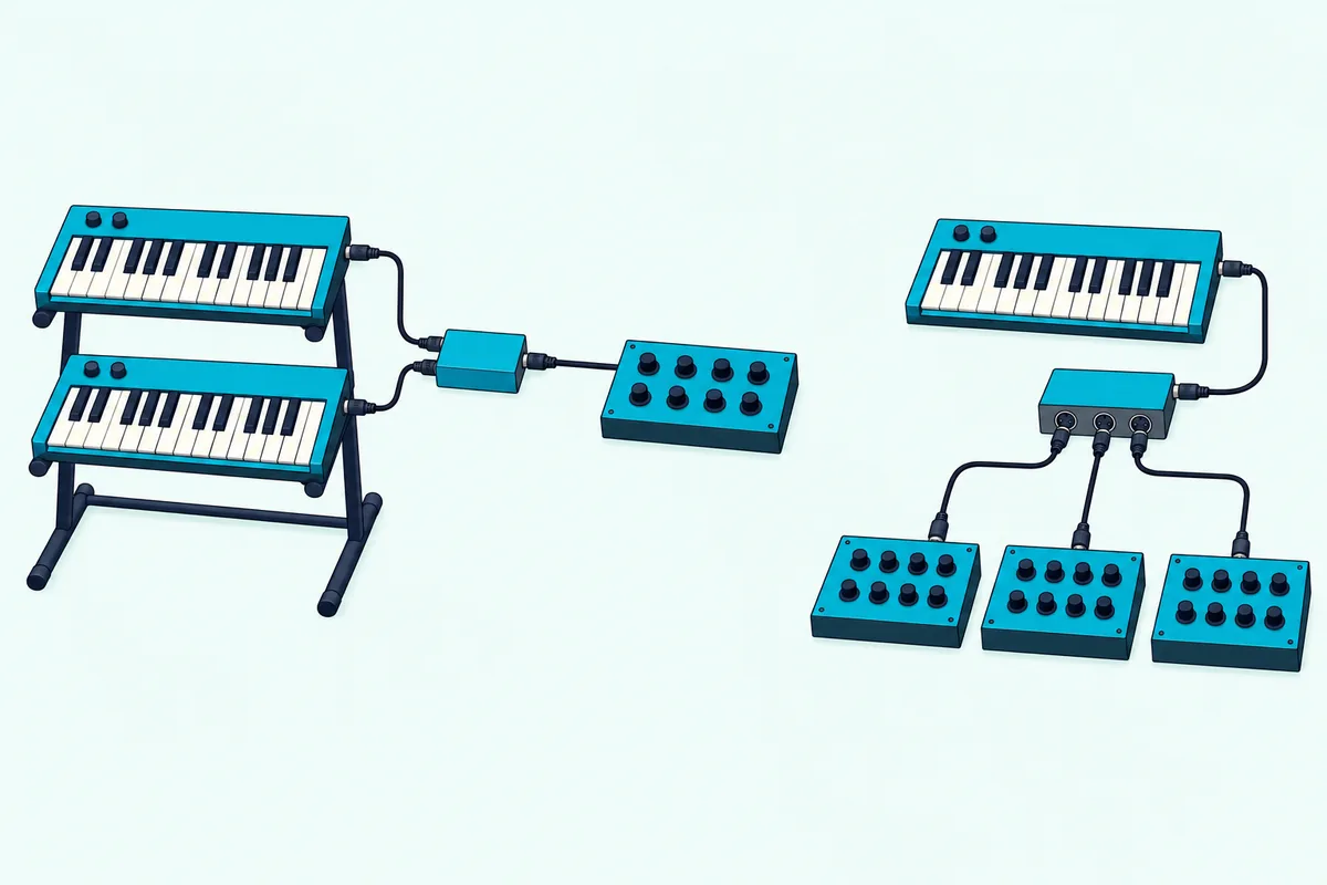 Two keyboards feeding a merge box with one cable to a synth, beside one keyboard feeding a splitter box with three cables
