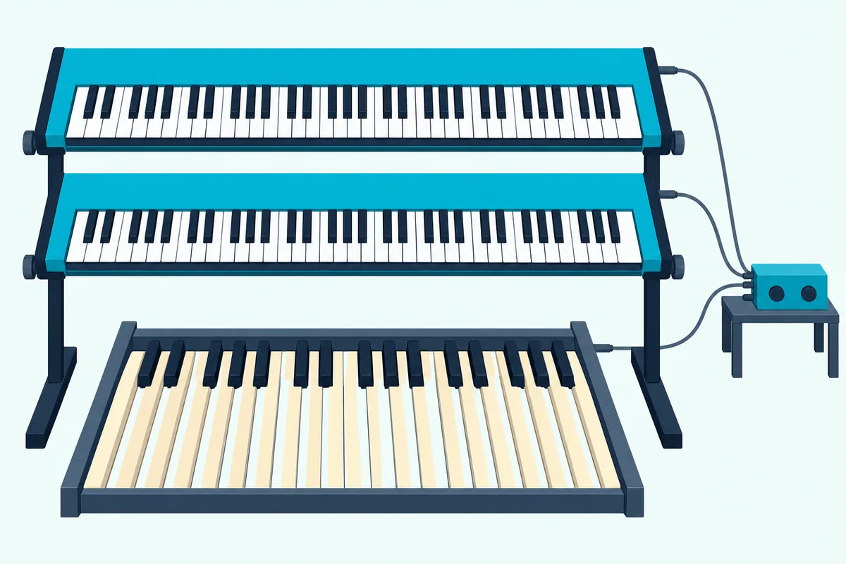 Two keyboards stacked on a stand above a wooden organ pedalboard, with cables running to a small audio interface