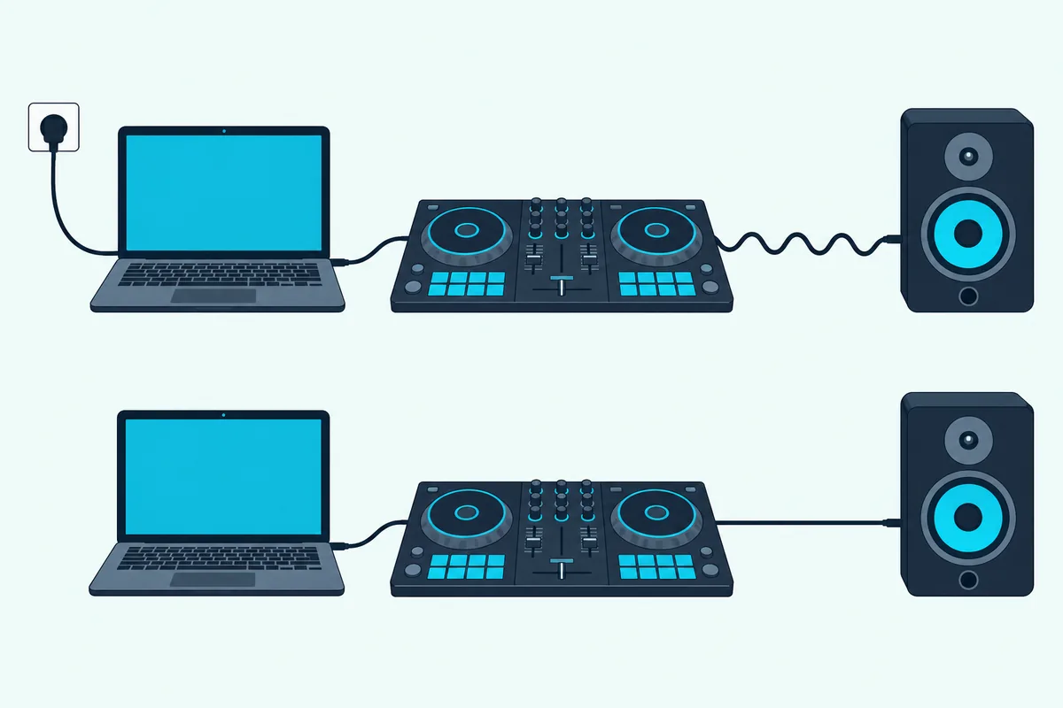 Two laptop setups, one on a charger with a wavy line along the audio cable and one on battery with a straight line