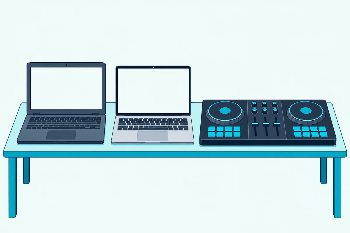 Two laptops with blank screens, one older and thicker and one thin and new, beside a two-deck DJ controller