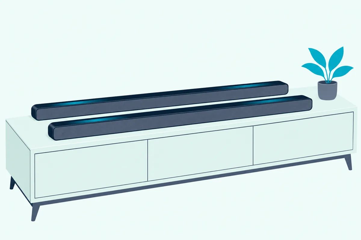 Two long black soundbars with glass tops side by side on a low wooden media cabinet in a bright living room