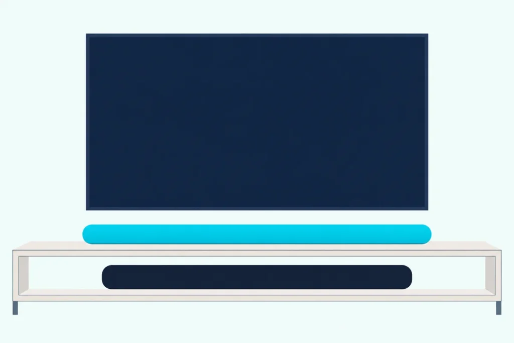 Two long rounded soundbars, a slimmer one on a light console and one on its open shelf, under a blank wall-mounted TV