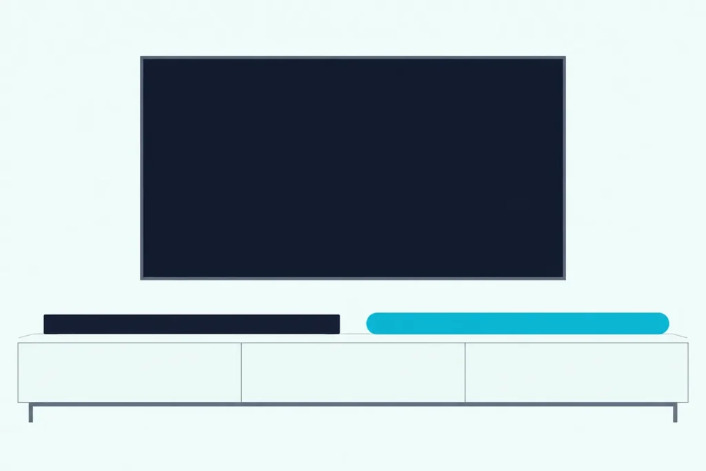 Two long soundbars, one rounded and one flat-topped, on a light console under a large wall-mounted TV with a blank screen