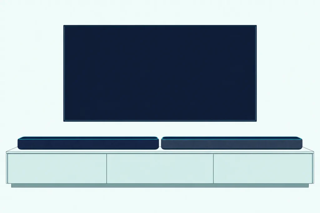 Two near-identical long soundbars end to end on a low wooden cabinet under a wall-mounted TV with a blank screen