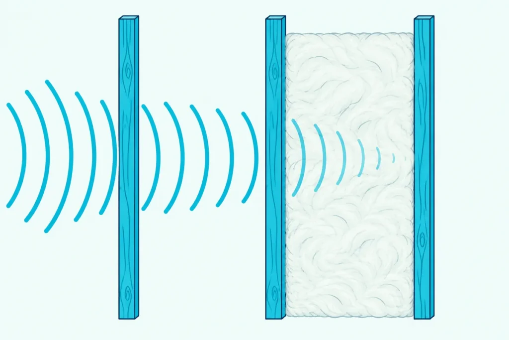 Two stud bays side by side, one empty and one filled with a thick wool batt, with sound waves fading in the filled one