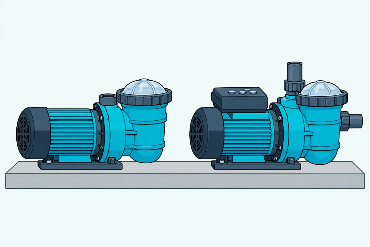 Two pool pumps side by side on a concrete pad, one with a plain motor and one with a drive box and keypad on its motor