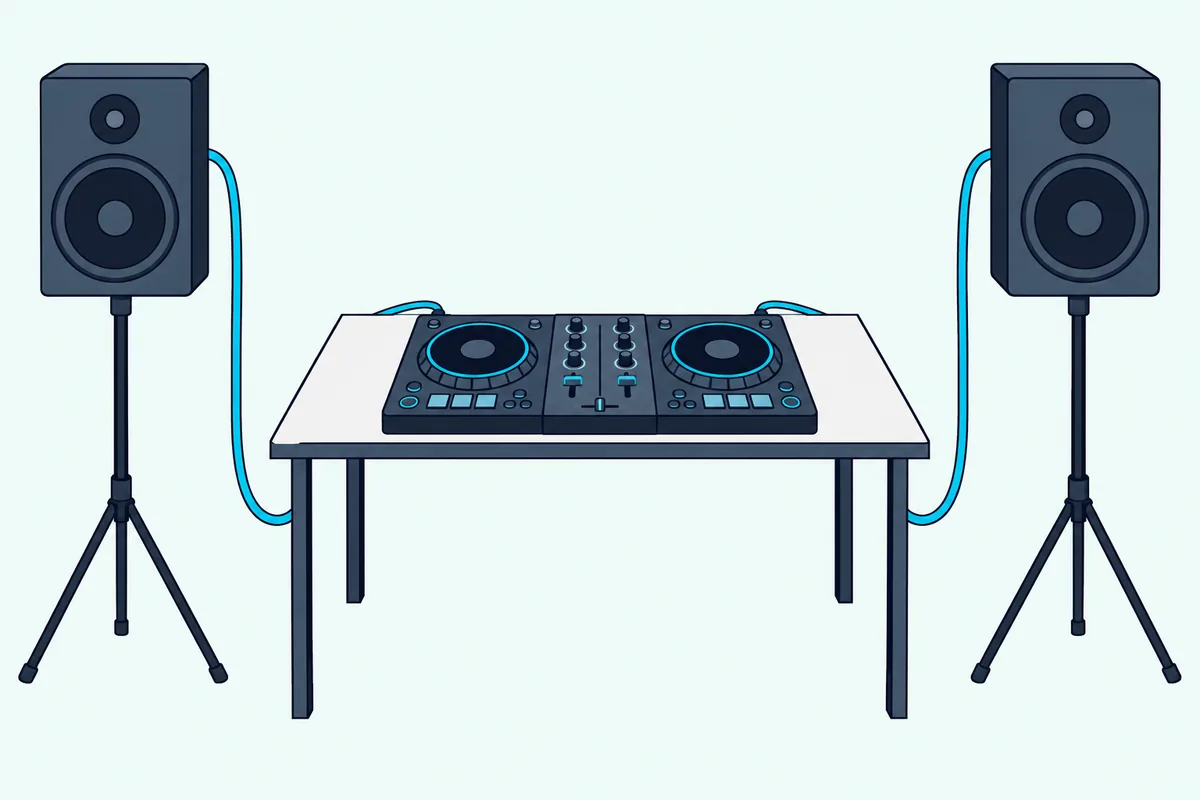 Two powered speakers on stands cabled to a DJ controller on a table, with a cable running to each speaker