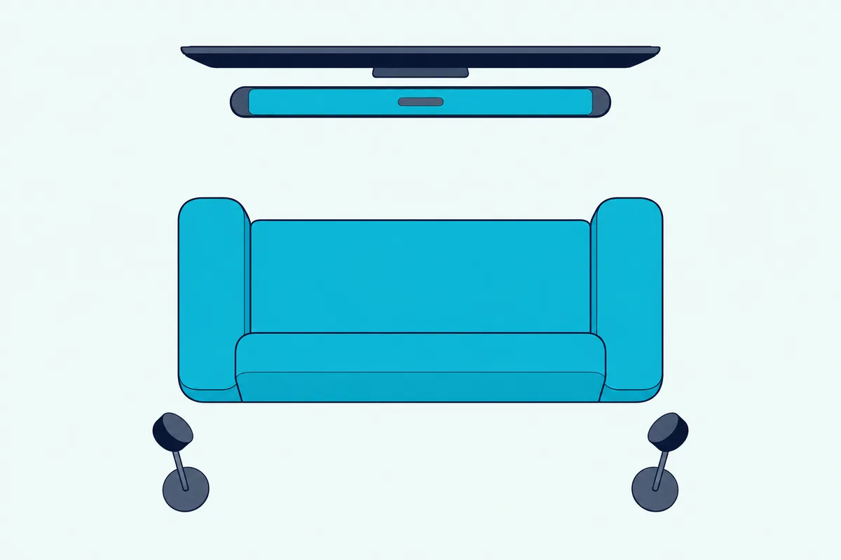 Two small rear speakers on stands behind a sofa, with a soundbar below a wall-mounted TV across the room