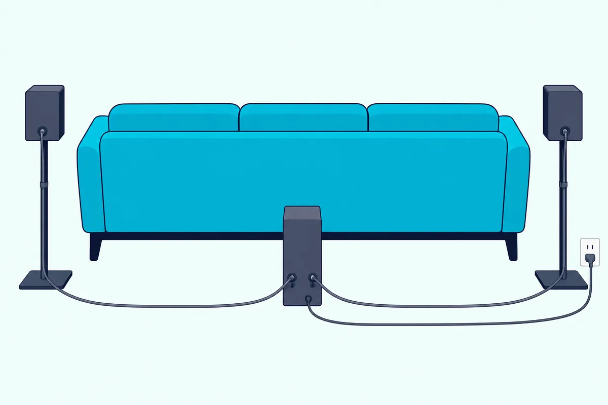 Two small rear speakers on stands behind a sofa, wired to a slim upright receiver box plugged into a wall outlet
