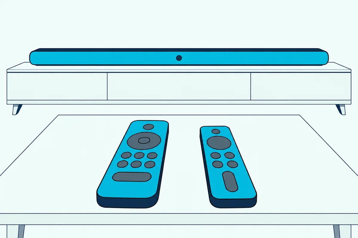 Two small remote controls on a wooden coffee table, both pointed toward a slim soundbar on a low TV cabinet