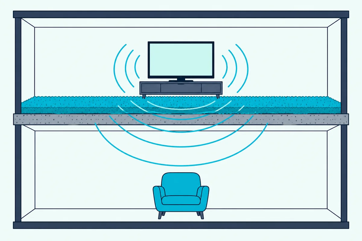 A two-room cutaway with a TV upstairs on carpet and sound waves passing down through the floor into the room below