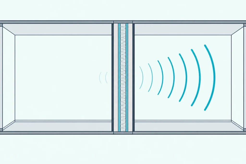 Two rooms divided by one layered wall, with sound waves fading as they cross from one room to the other