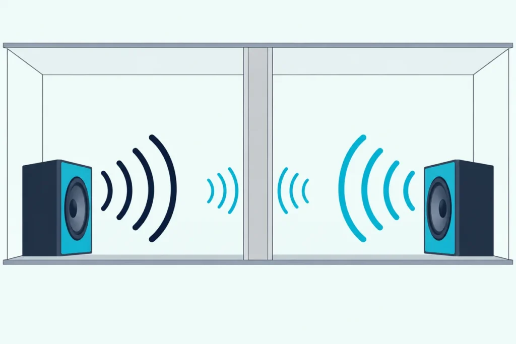 Two rooms on either side of one shared wall, each loudspeaker's sound waves shrinking by the same amount as they cross