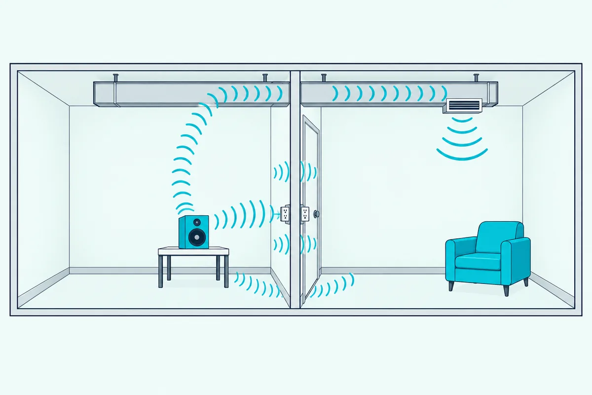 Two rooms side by side with sound passing through the wall, a gap under the door, an outlet and a shared duct