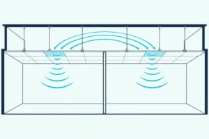 Two rooms under one drop ceiling, with sound waves rising from the left room and crossing the open space above the wall