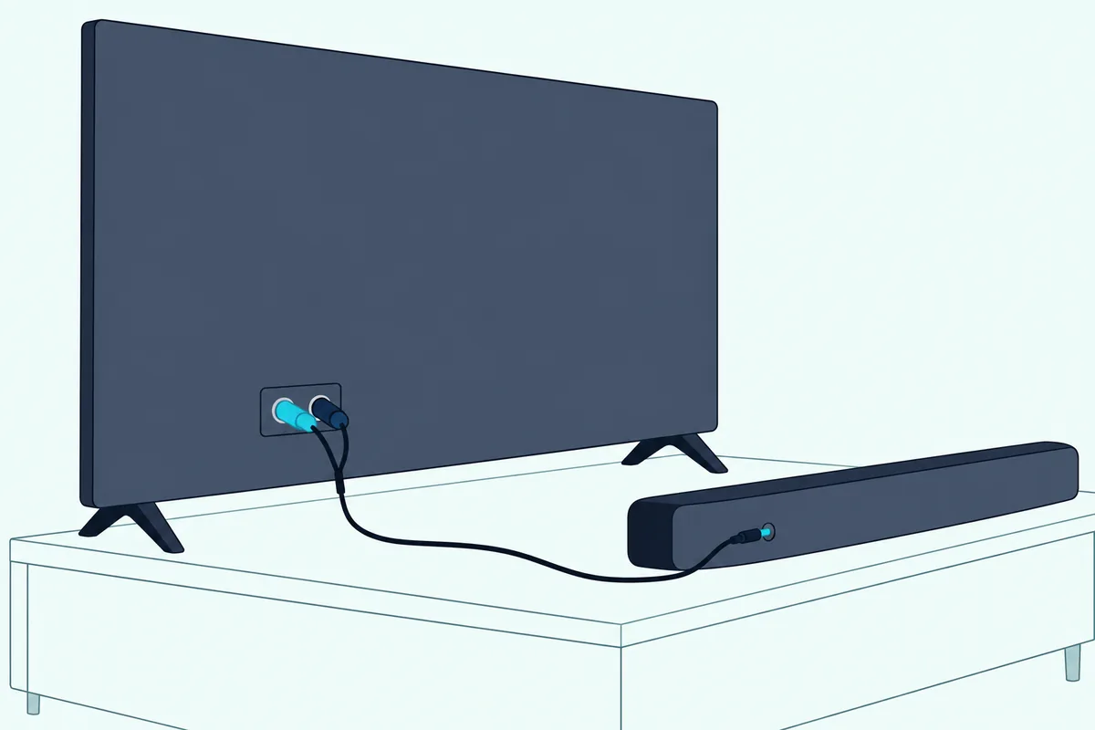 Two round plugs pushed into a pair of sockets on the back of a flat TV, their cable leading to a soundbar